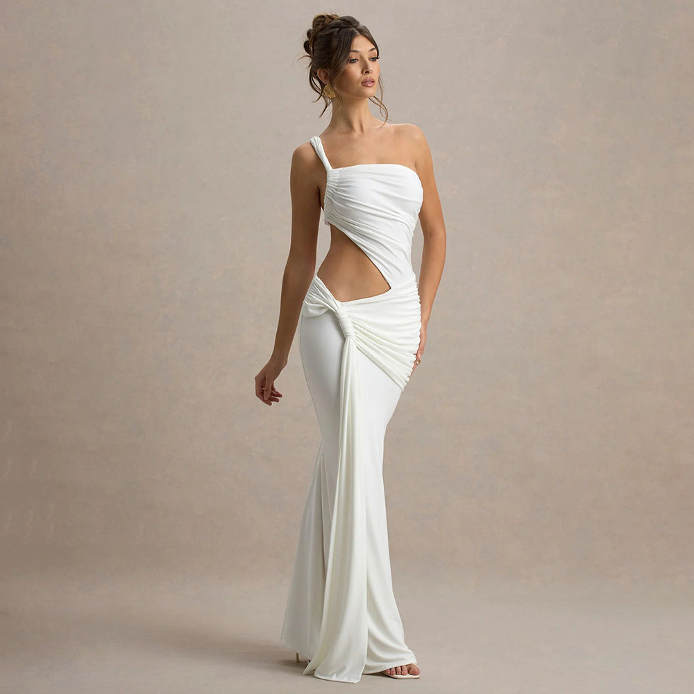 One-Shoulder Backless Pleated Maxi Dress