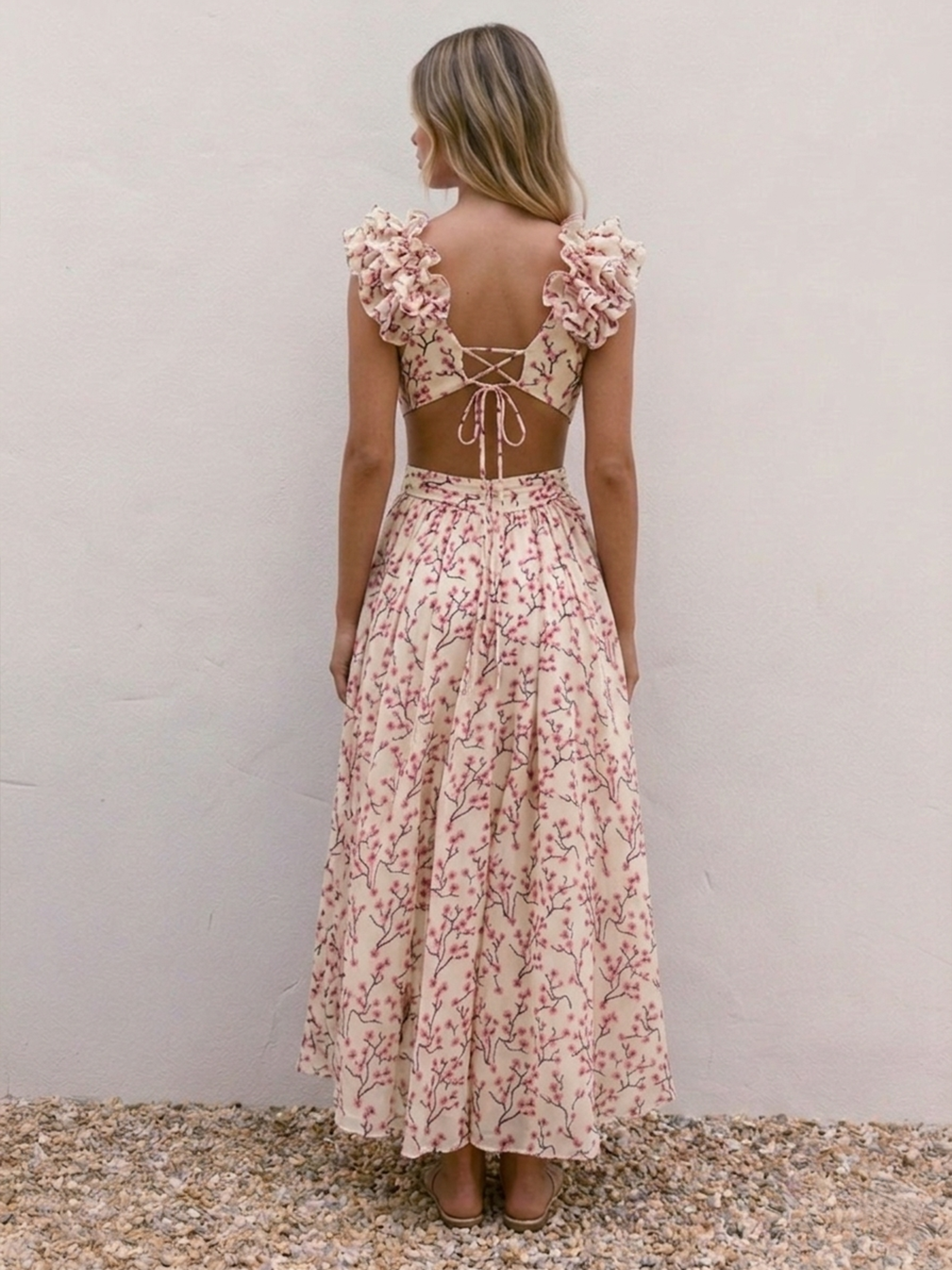 Riviera Deep-V Ruffle Floral Midi Dress