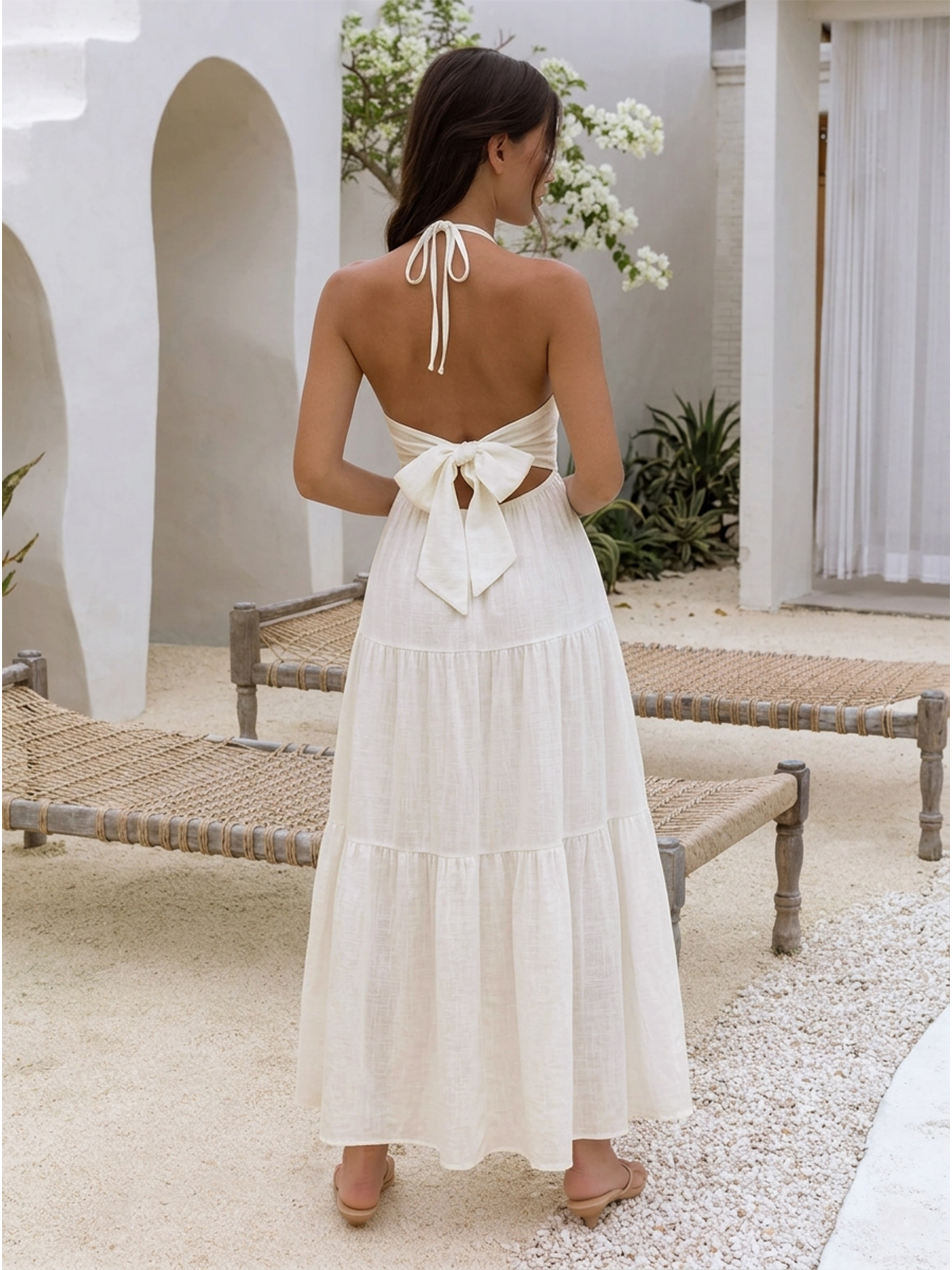 Ivory Pleated Backless Maxi Dress