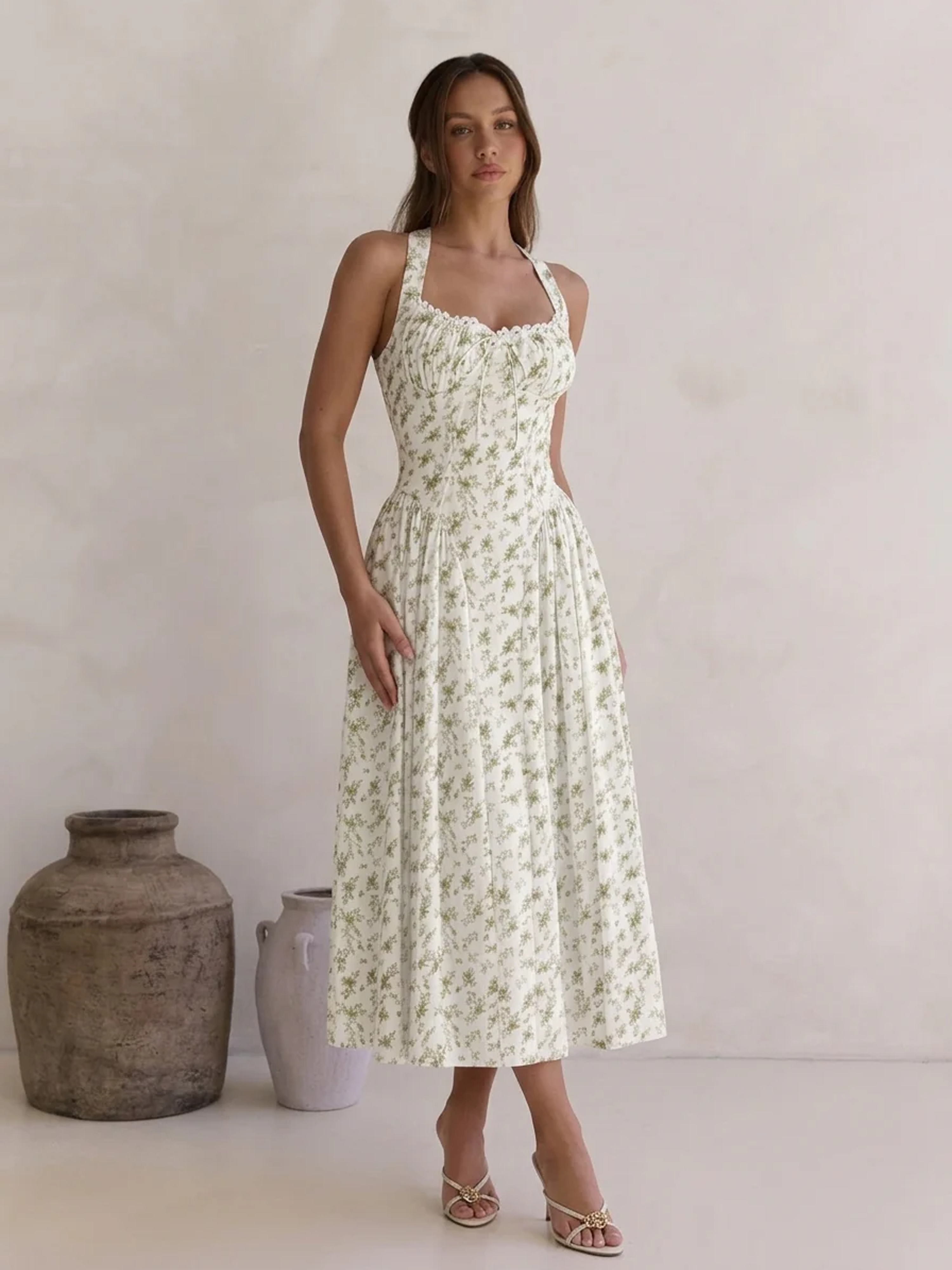 Floral Print Lace-Trim Halter Dress