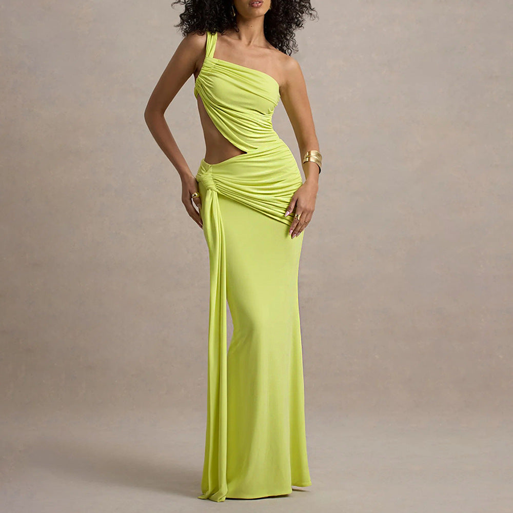 One-Shoulder Backless Pleated Maxi Dress