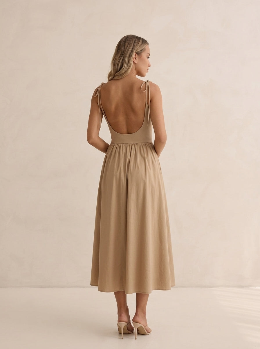 Breathable Cotton Tie-Strap V-Neck Dress