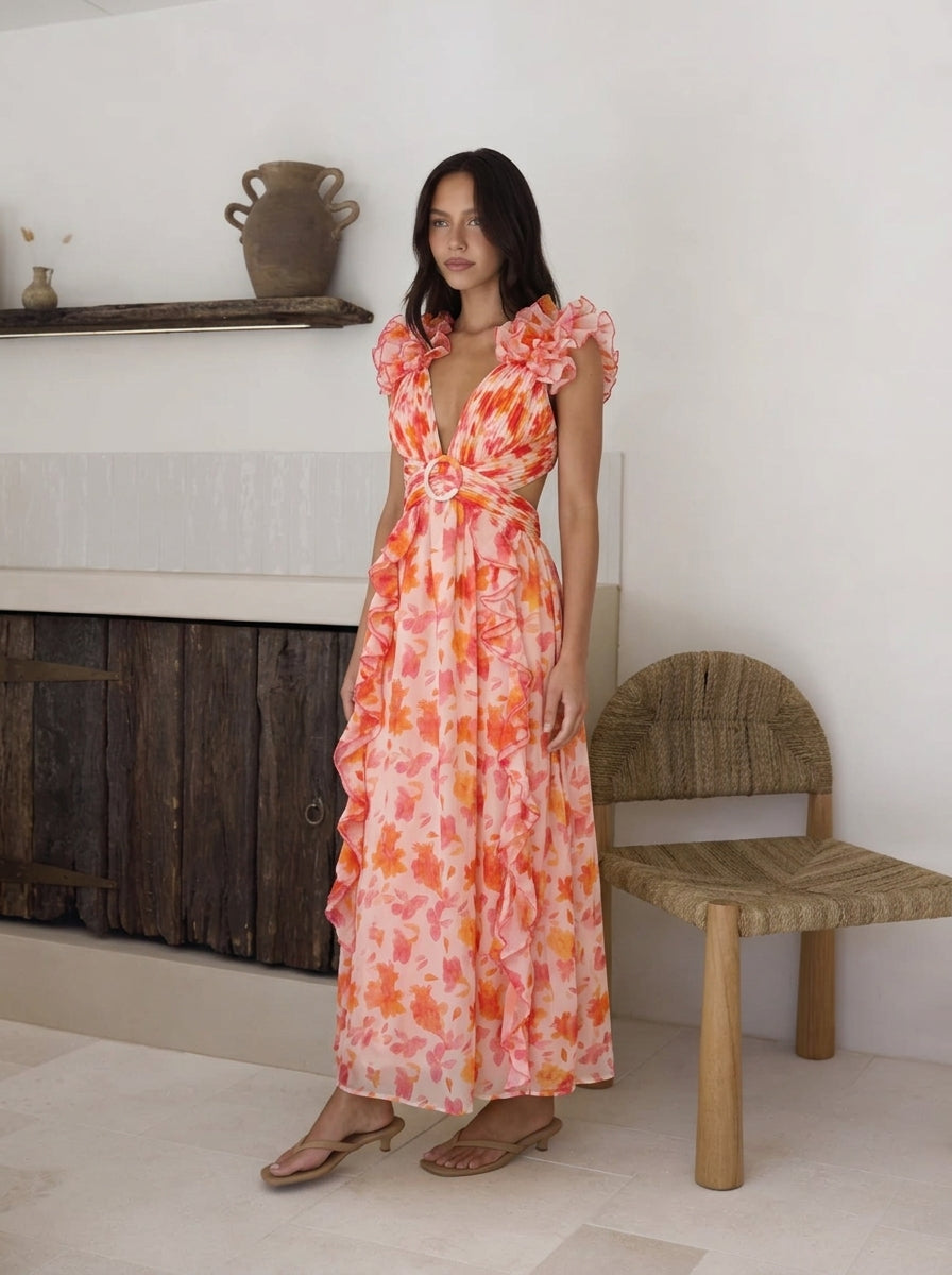 Riviera Deep-V Ruffle Floral Midi Dress