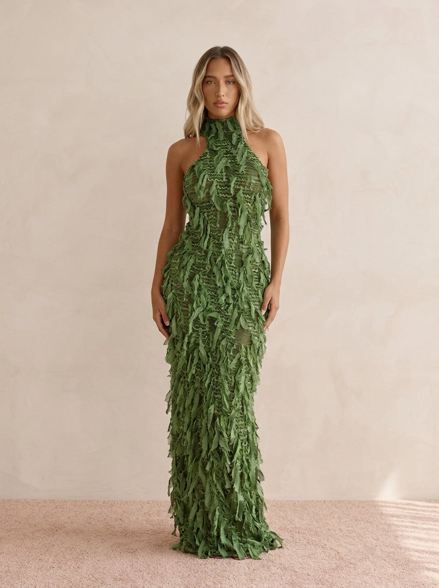 Lumea Tassel Hollow-Out High Collar Maxi Dress