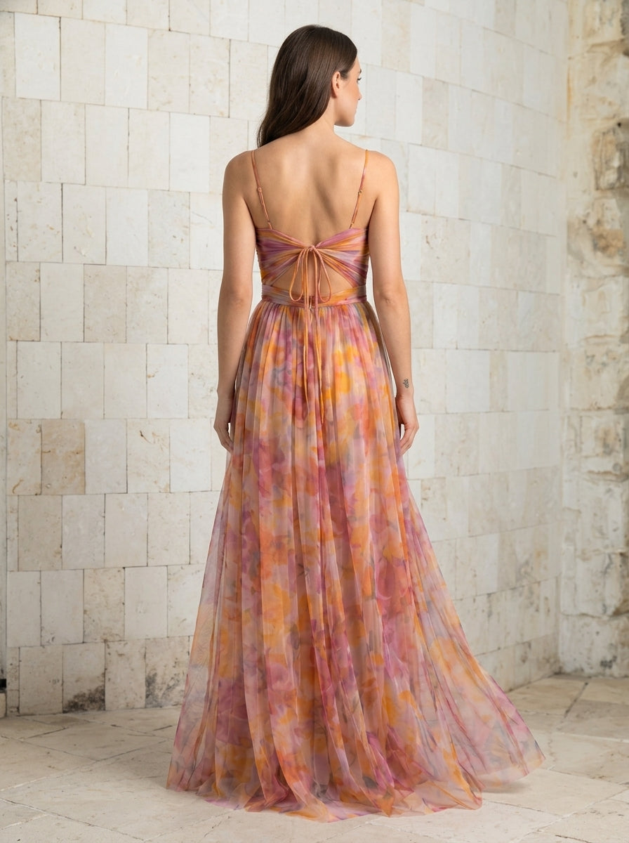 Robe Longue Imprimée Filet Col V Évasée Riviera