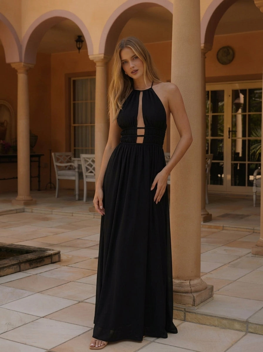 Off-Shoulder Hollow-Out Slim Fit Pleated Dress