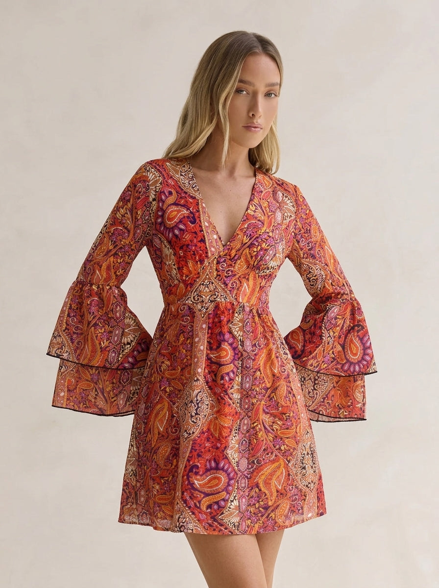 Retro Paisley V-neck Dress
