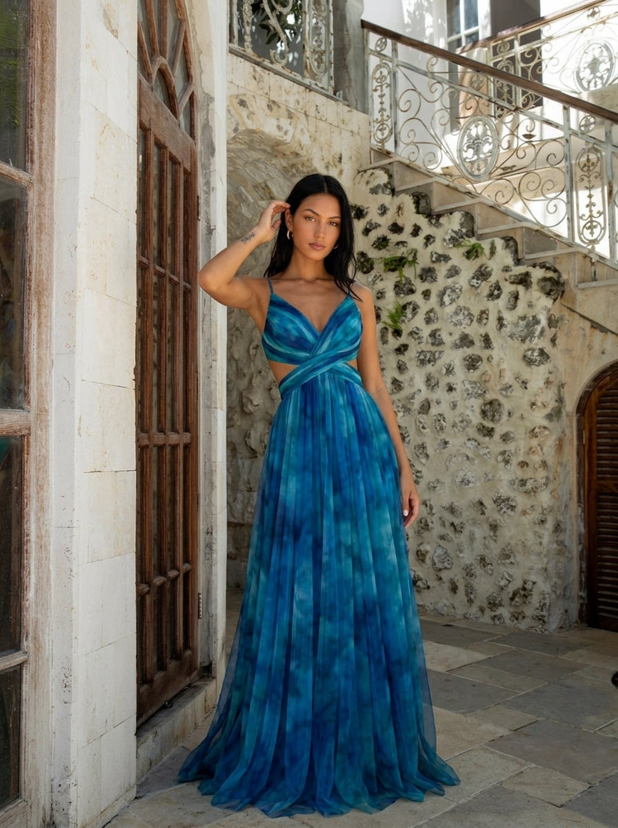 Robe Longue Imprimée Filet Col V Évasée Riviera