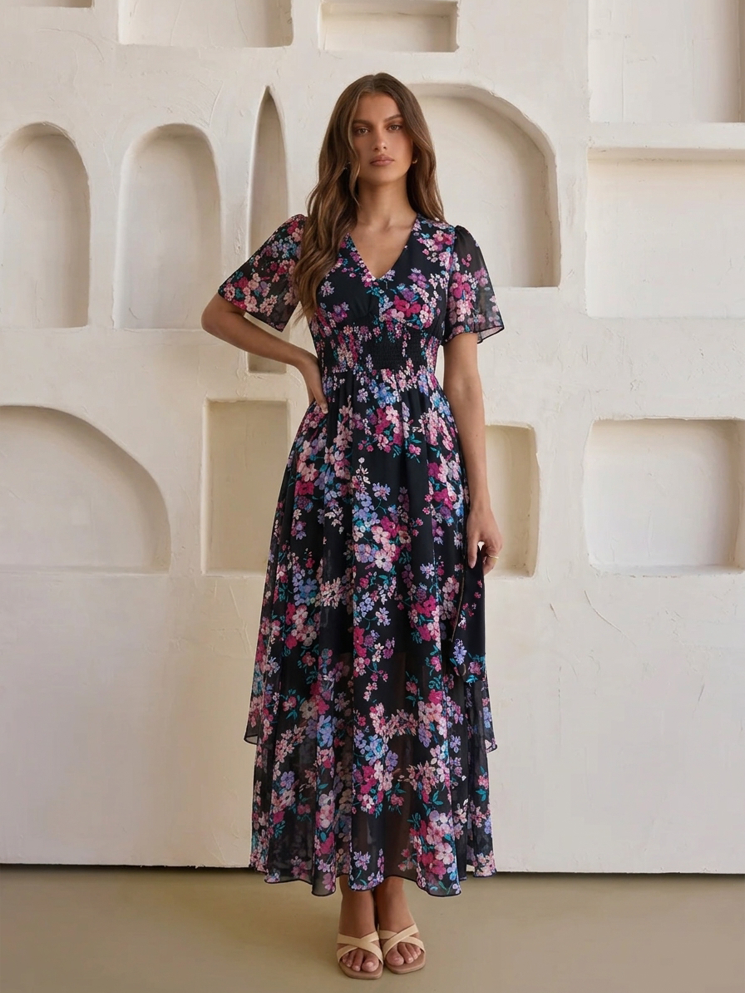 Elegant Floral Print Midi Dress with V-Neck