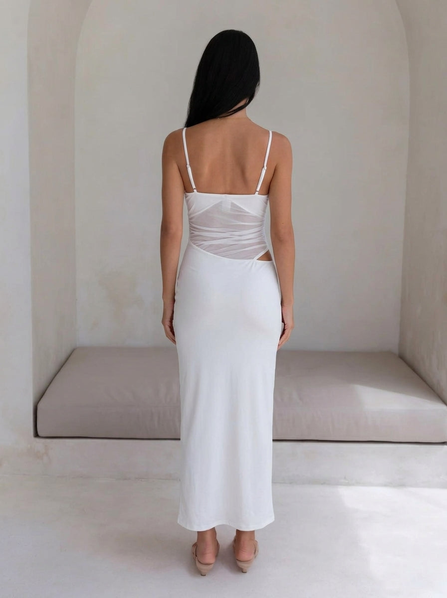 Mesh Hollow-Out Backless Strap Maxi Dress