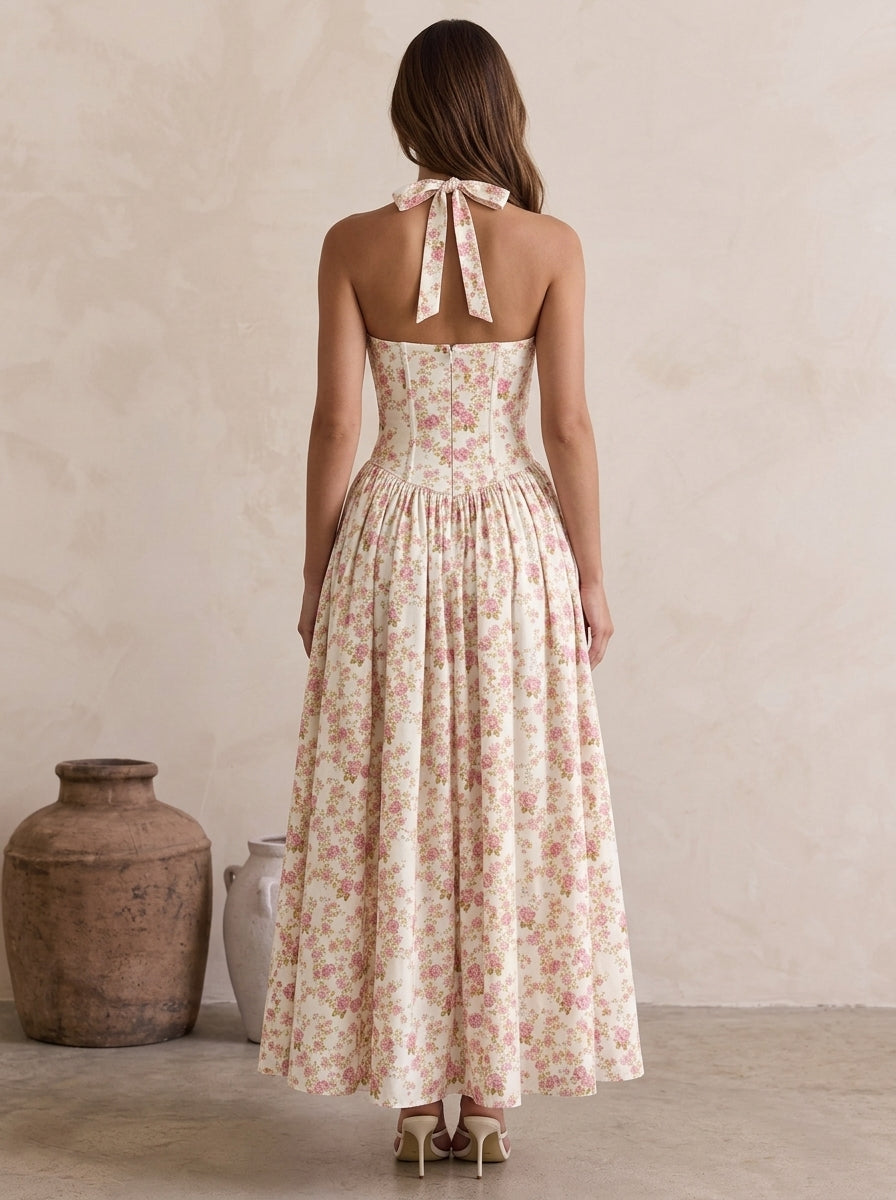 Floral Print Lace-Trim Halter Dress