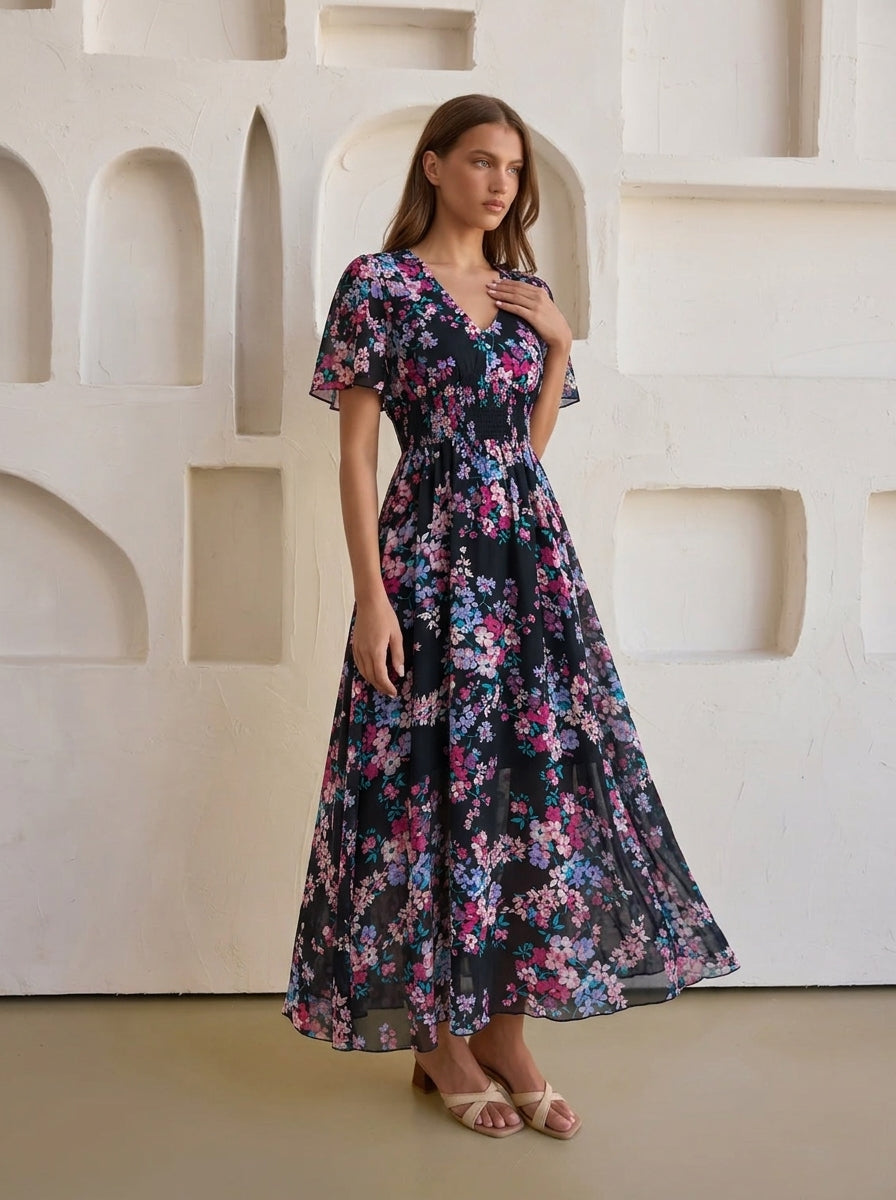 Elegant Floral Print Midi Dress with V-Neck