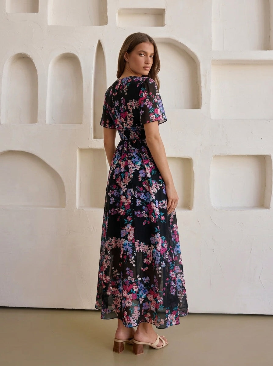 Elegant Floral Print Midi Dress with V-Neck