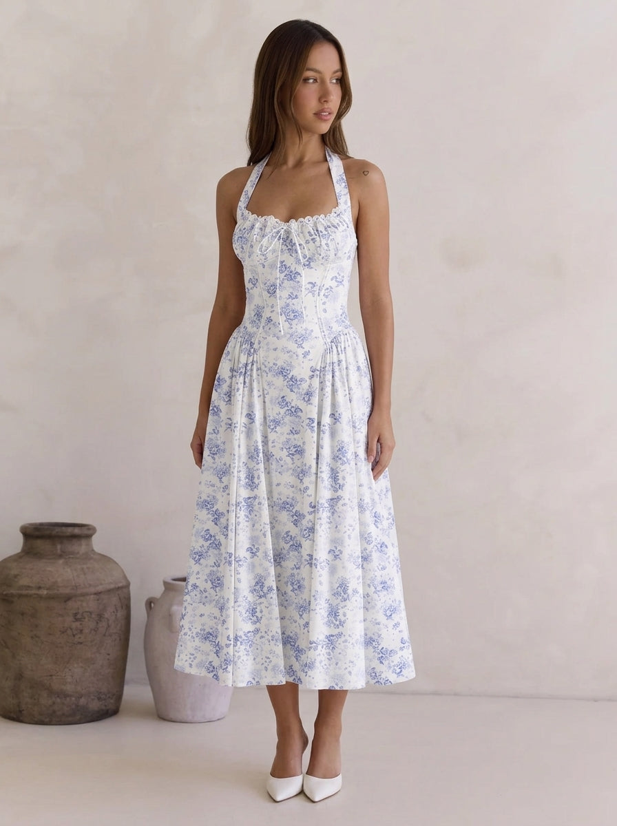 Floral Print Lace-Trim Halter Dress