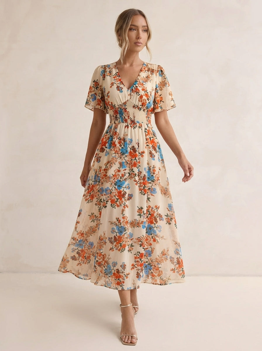 Elegant Floral Print Midi Dress with V-Neck