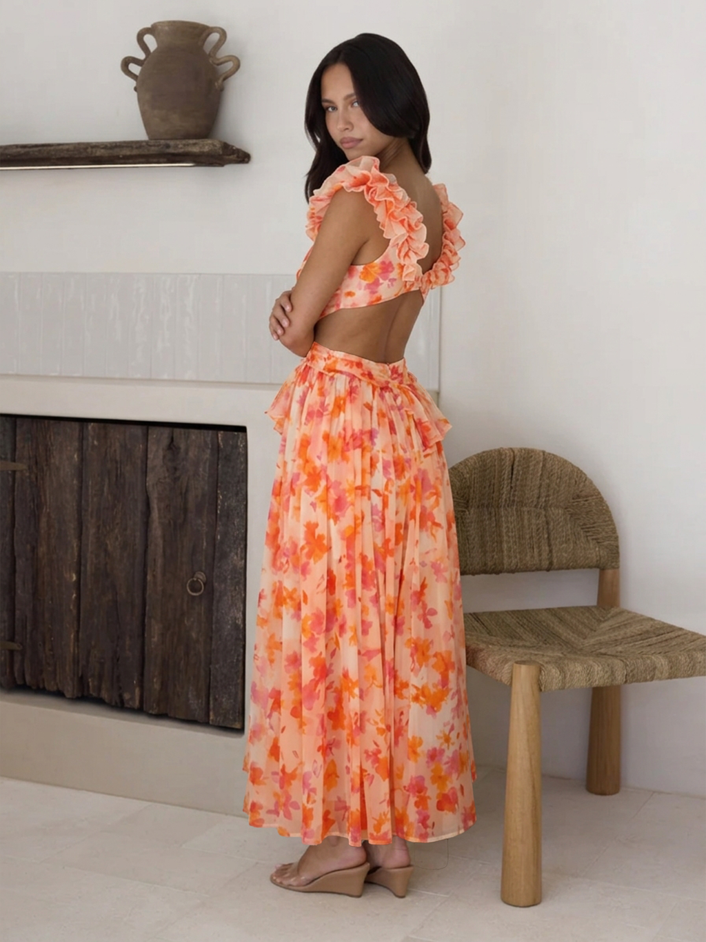 Riviera Deep-V Ruffle Floral Midi Dress