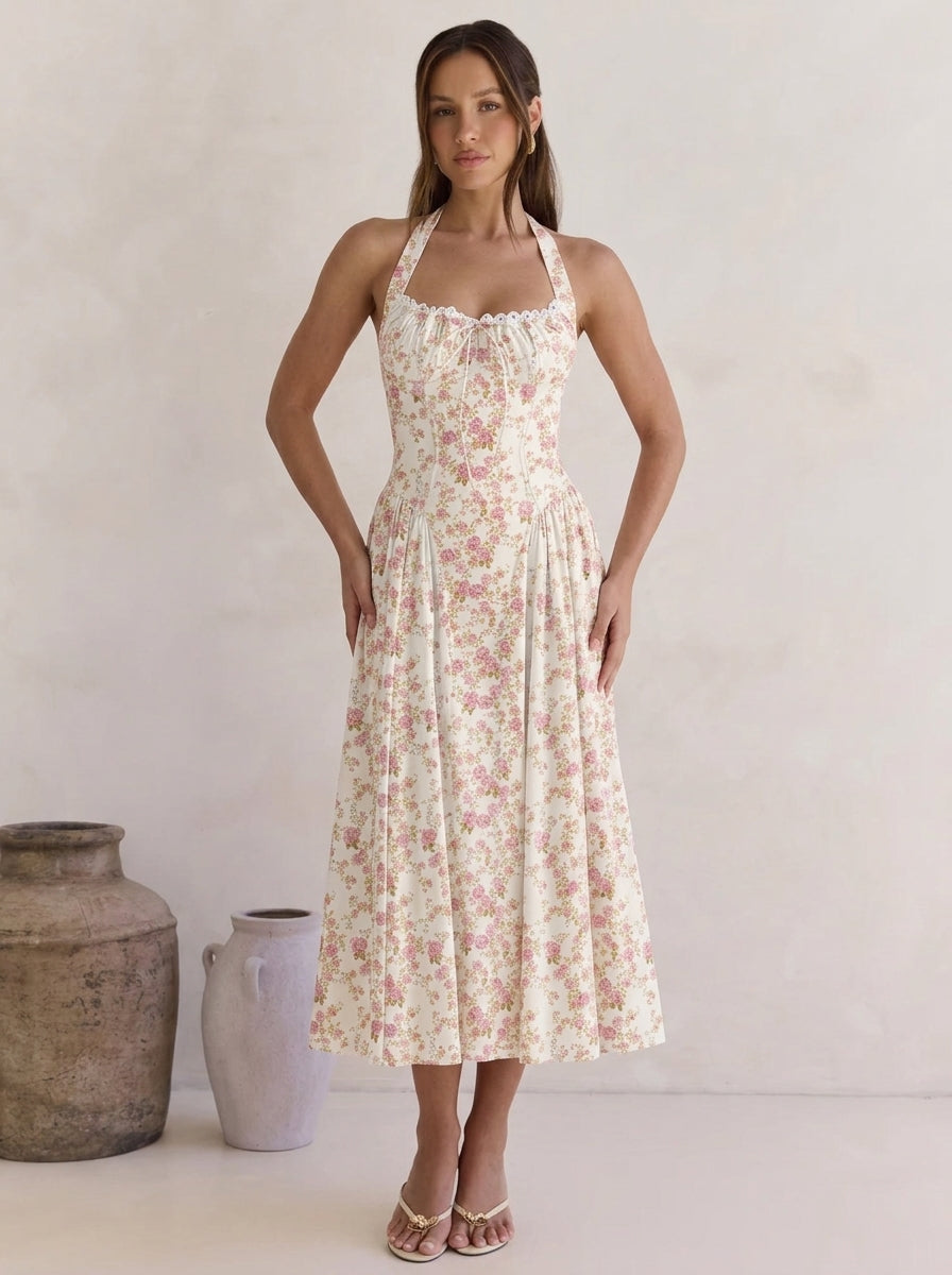 Floral Print Lace-Trim Halter Dress