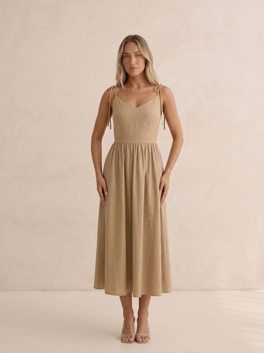 Breathable Cotton Tie-Strap V-Neck Dress