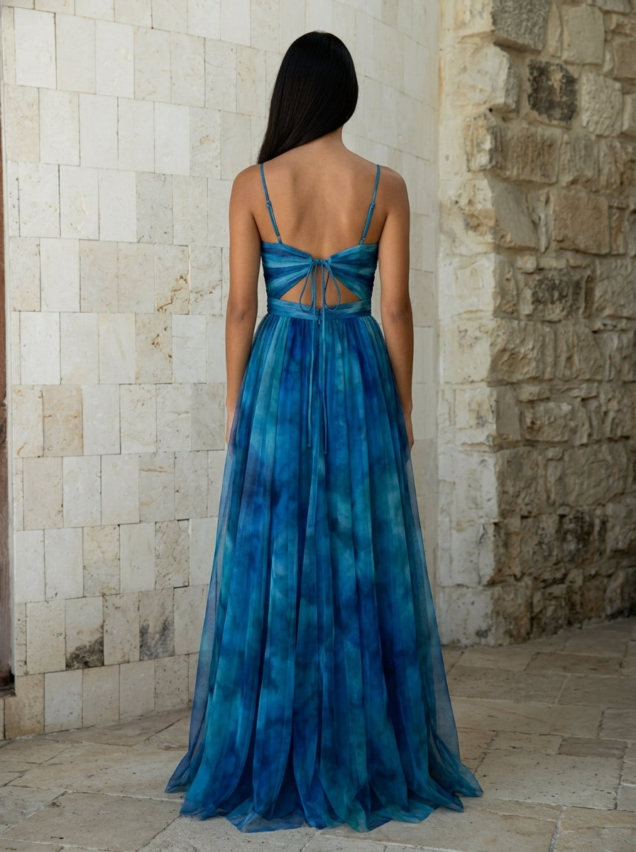 Robe Longue Imprimée Filet Col V Évasée Riviera